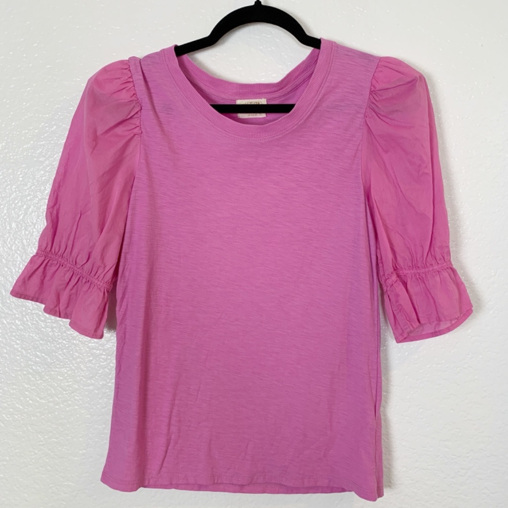 NATION LTD Bia Tee Shirt Womens Medium Pink Short Gathered Puff Sleeve Pima